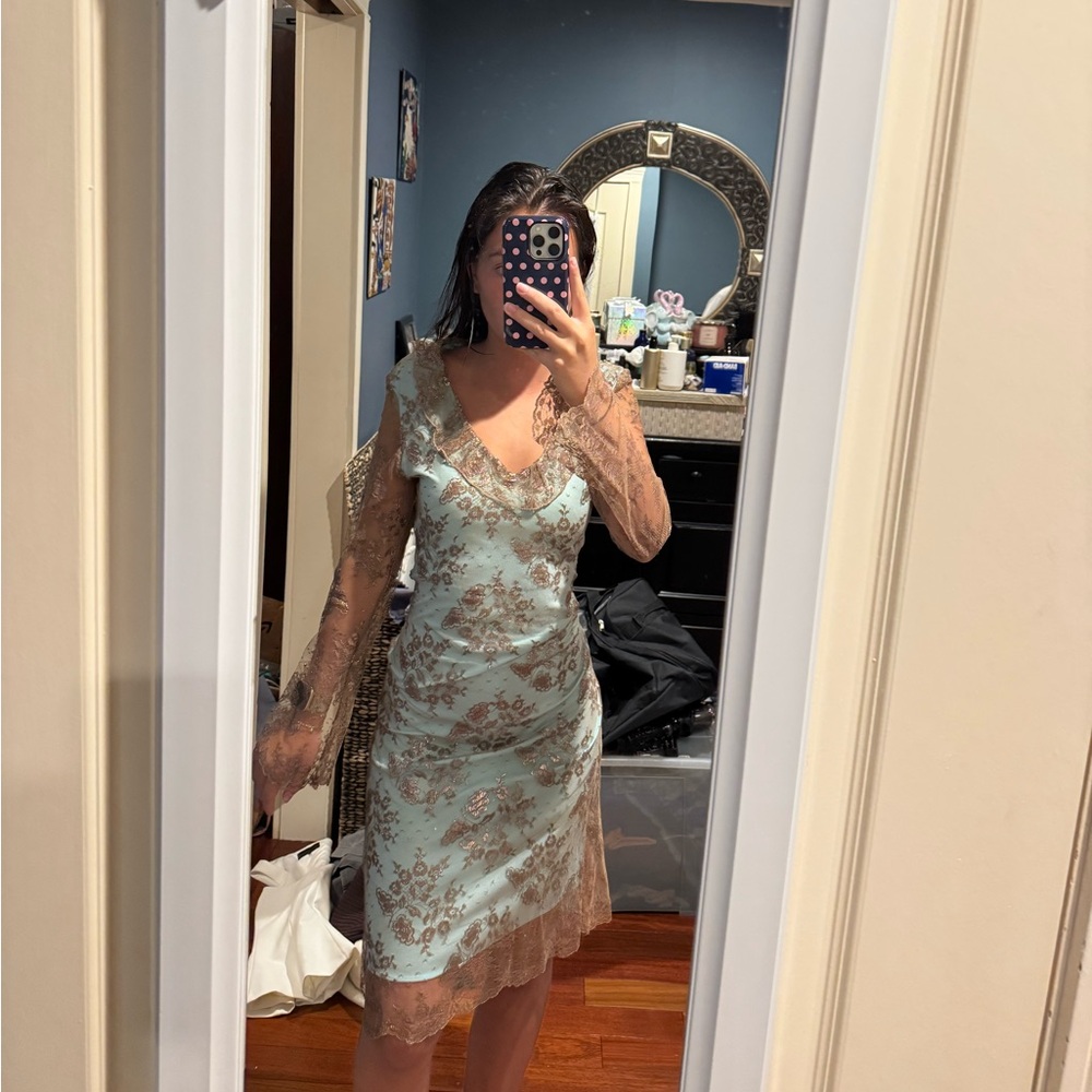 Beautiful vintage teal and gold detailed dress